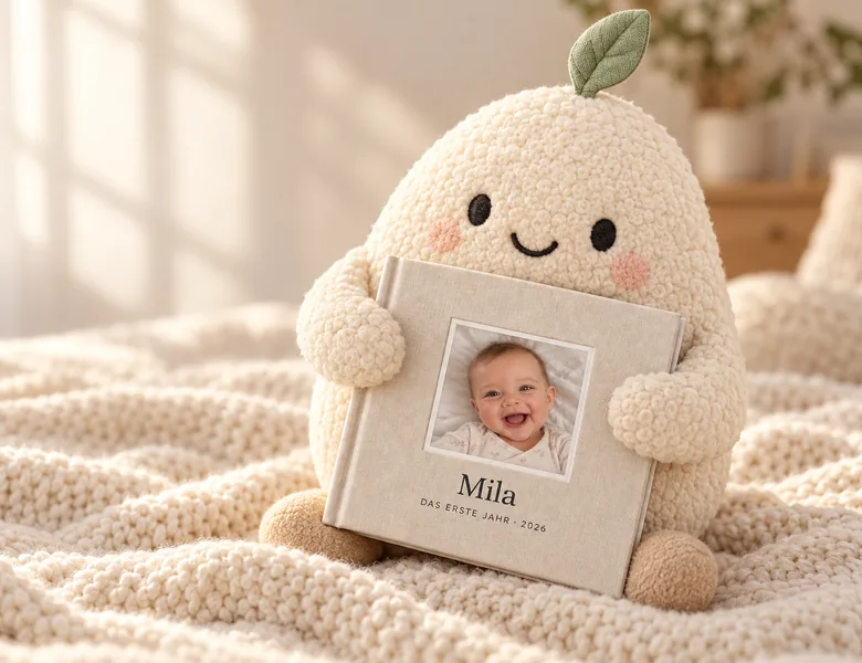 Pip, ein kleiner Helfer aus Stoff, hält das gedruckte Babybuch „Mila“ im Arm